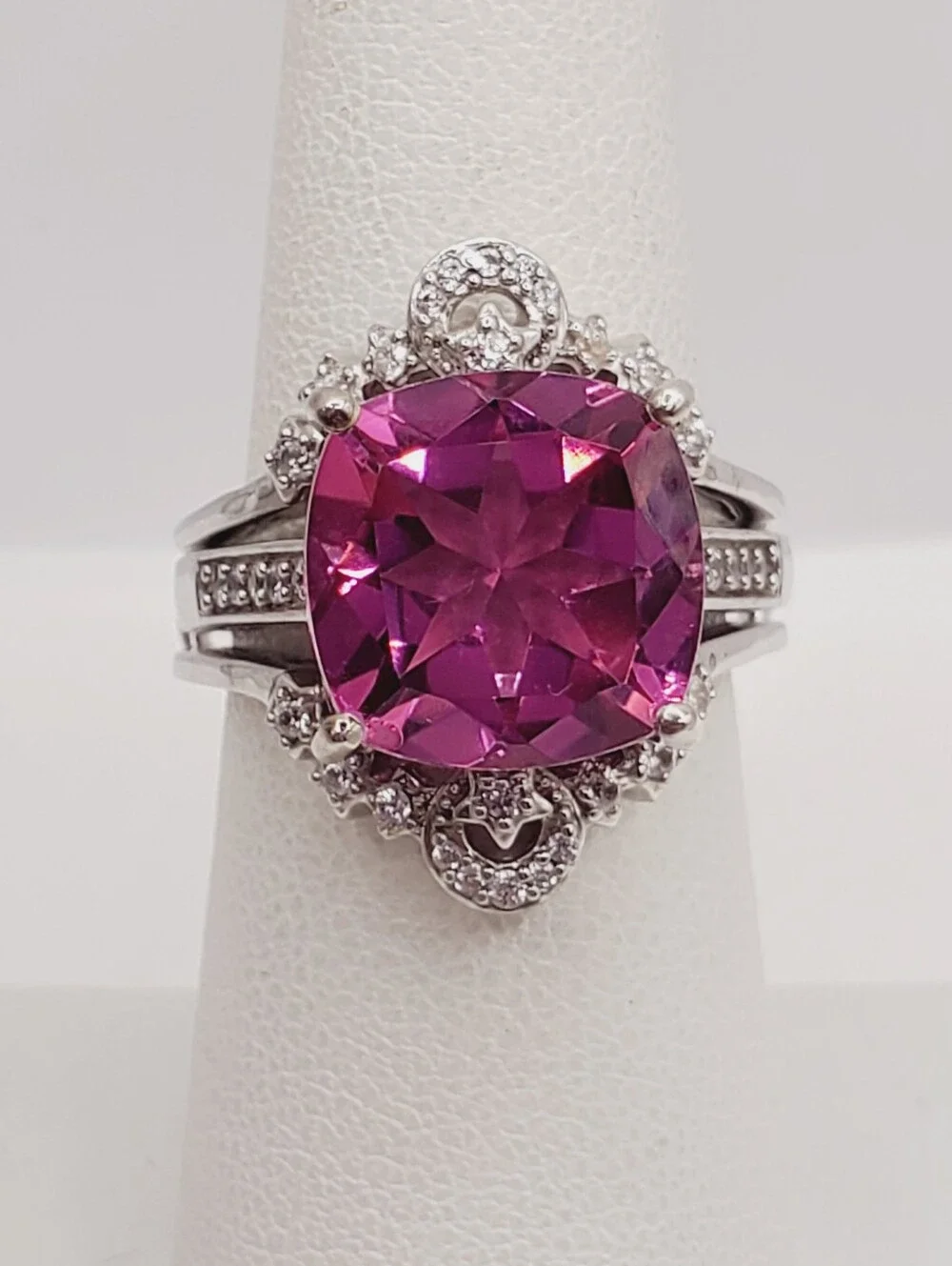 Cushion Pink Quartz & White Zircon Halo Bridal Wedding Ring Set Platinum - 925